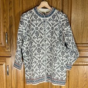 Dale of Norway Vintage Gray Pattern Cream/Blue/Red Wool Button Long Sweater Sz M